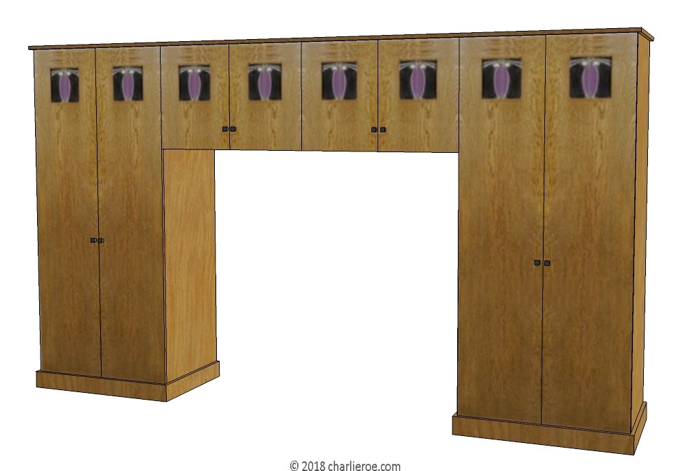new CR Mackintosh oak wood finish pair of 2 door bedroom wardrobes with flyover top boxes with stained glass panels and space for a double bed