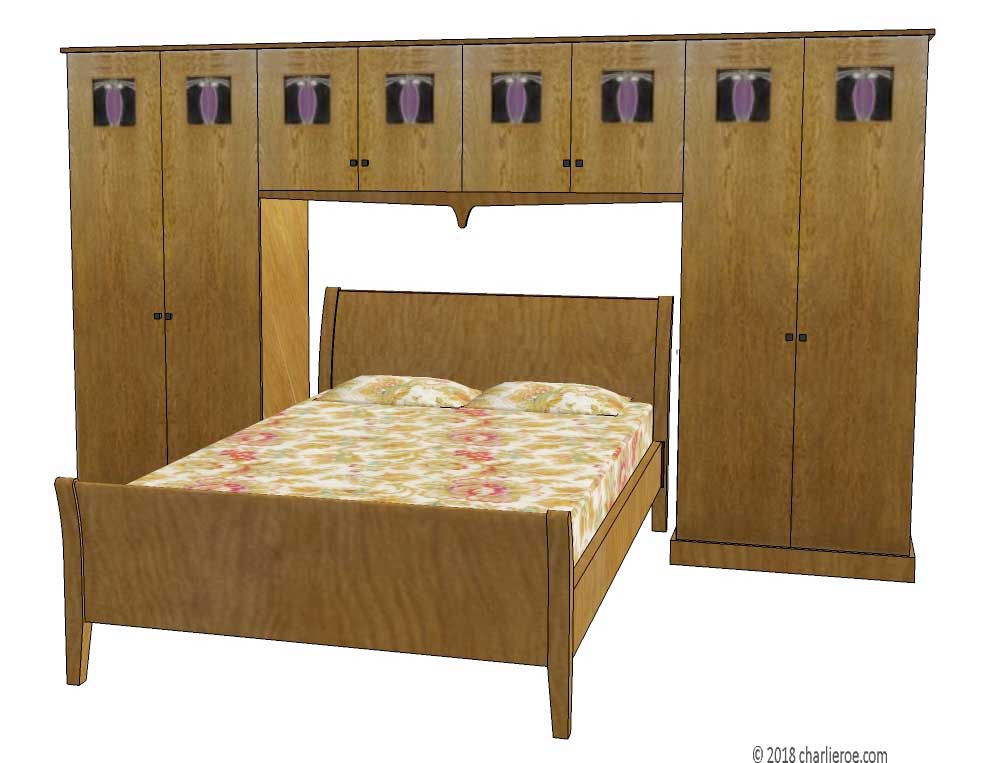 new CR Mackintosh oak wood finish pair of 2 door bedroom wardrobes with flyover top boxes, with shaped lower rail, all with stained glass panels and space for a double bed