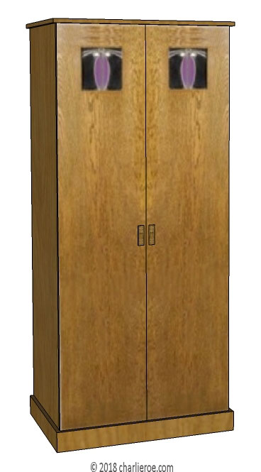 new CR Mackintosh oak wood finish freestanding 2 door bedroom wardrobe with stained glass panels & cornice