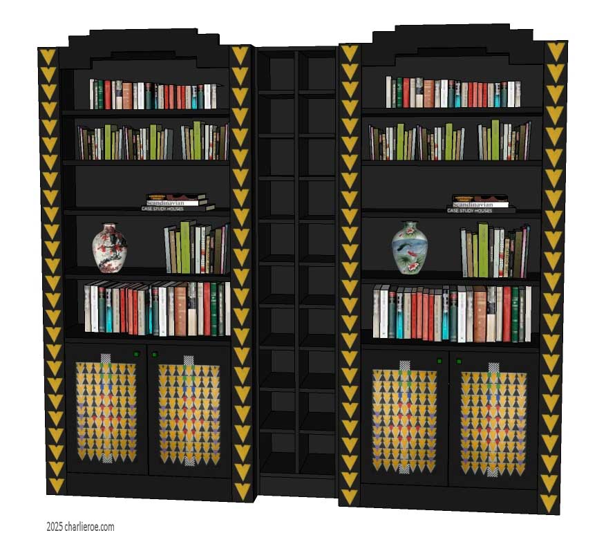 new CR Mackintosh Derngate style black painted 3 bay bookcase display unit with painted Cubist patterns