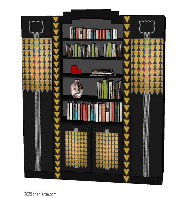 new CR Mackintosh Derngate style black painted bedroom 3 bay 2 door wardrobe with middle bookcase display unit,and painted Cubist patterns & stained glass door panels
