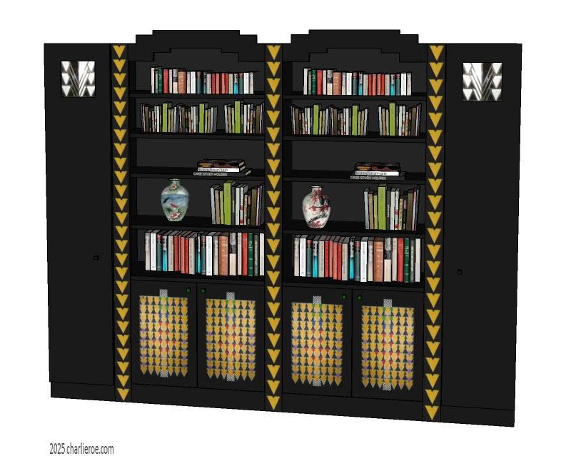 new CR Mackintosh Derngate style black painted bedroom 4 bay 2 door wardrobe with 2 bookcases display unitspainted Cubist patterns & stained glass door panels