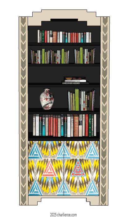 new CR Mackintosh Derngate style painted single bay 2 door bookcase display unit with painted Cubist patterns
