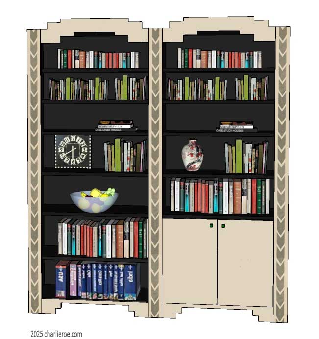 new CR Mackintosh Derngate style painted 2 bay 2 door bookcase display unit with painted Cubist patterns