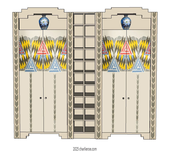 new CR Mackintosh Derngate style painted bedroom 4 door double wardrobe with shelf unit & with painted Cubist patterns