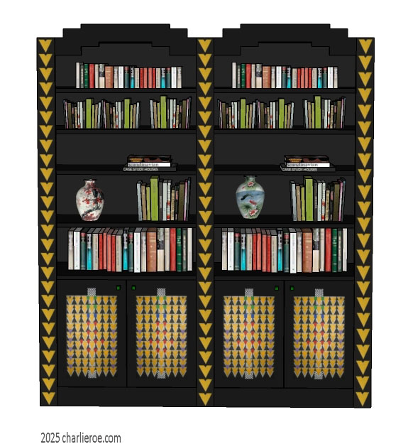 new CR Mackintosh black lacquered painted single bay bookcase flanked by 2 tall cupboards, with Derngate style ornate decorative vertical rails and doors with stained glass panels
