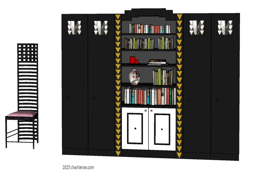 new CR Mackintosh black lacquered painted bookcase with Derngate style ornate decorative vertical rails and doors and stained glass panels in the doors