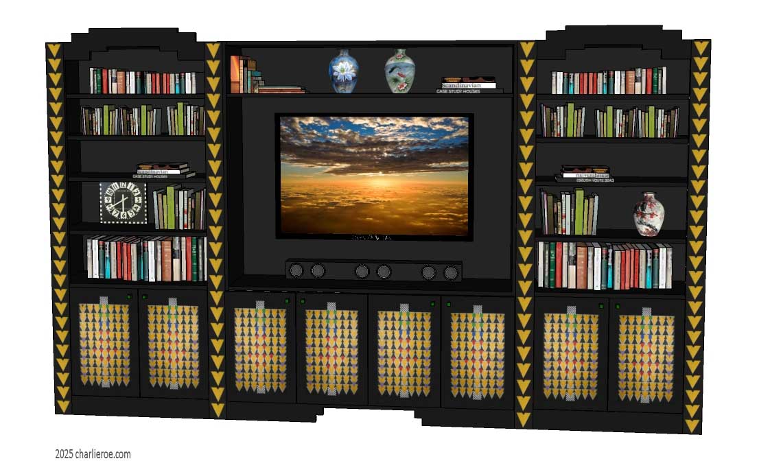 new CR Mackintosh black lacquered painted large media centre / bookcase, with Derngate style ornate decorative vertical rails and doors