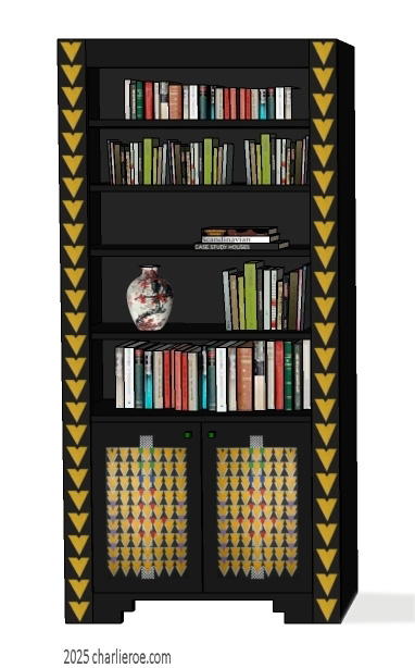 new CR Mackintosh black lacquered painted single bay bookcase with Derngate style ornate decorative vertical rails and doors