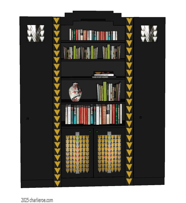 new CR Mackintosh black lacquered painted triple section bookcase with Derngate style ornate decorative vertical rails and doors