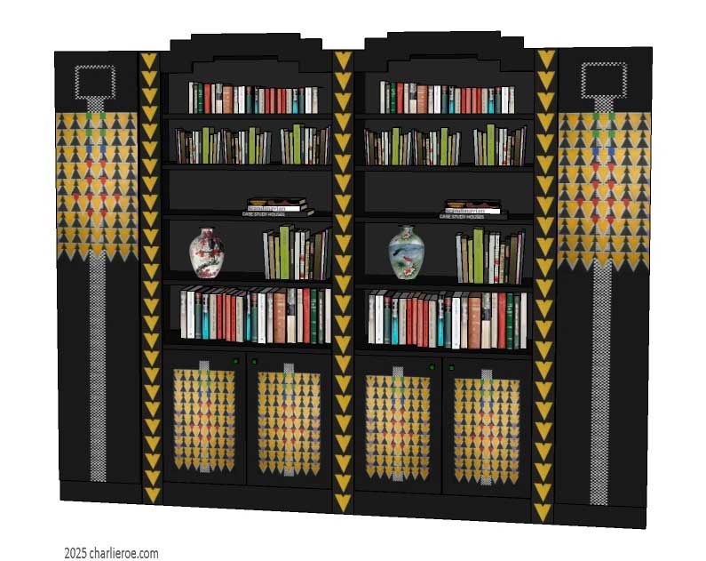 new CR Mackintosh black lacquered painted 4 section bookcase with Derngate style ornate decorative vertical rails and doors