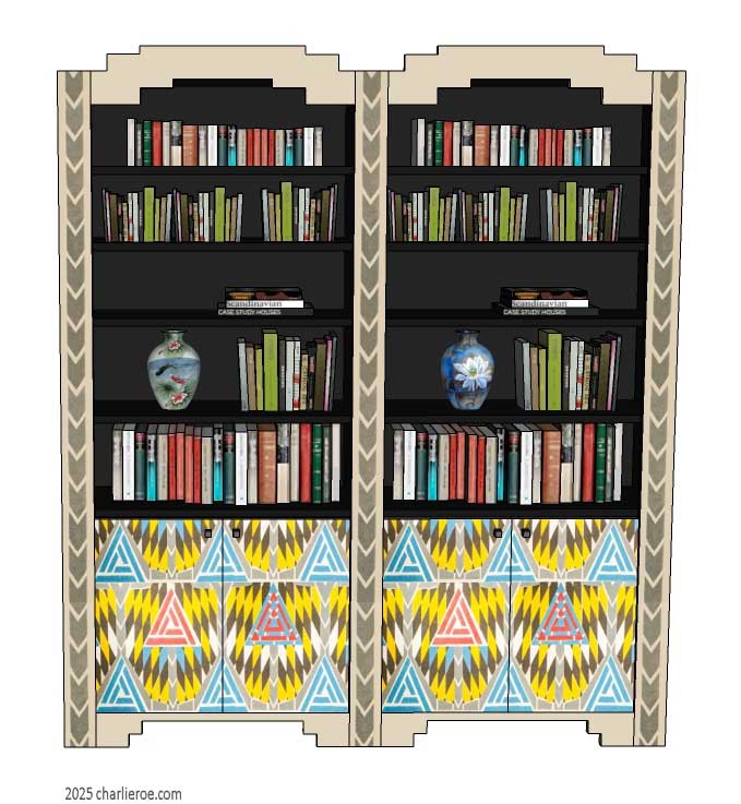new CR Mackintosh lacquered painted triple 3 bay bookcase with ornate vertical rails and door panels