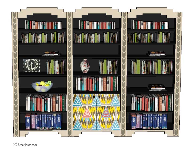 new CR Mackintosh lacquered painted 3 bay bookcase with ornate vertical rails and door panels