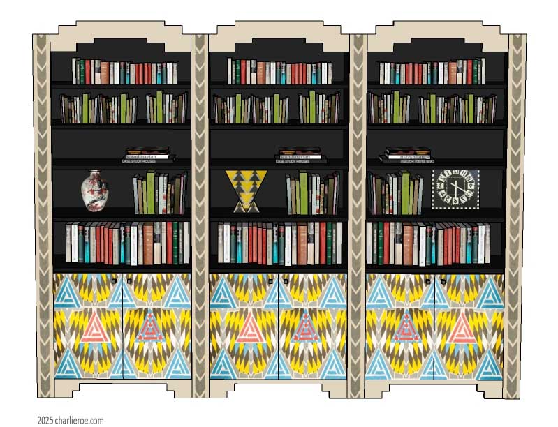 new CR Mackintosh lacquered painted 3 bay bookcase with ornate vertical rails and door panels