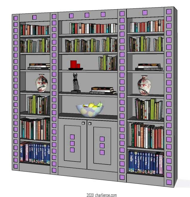 New Charles Rennie CR Mackintosh freestanding 2 door 3 bay bookcase lacquered painted silver grey with mauve squares on the frames