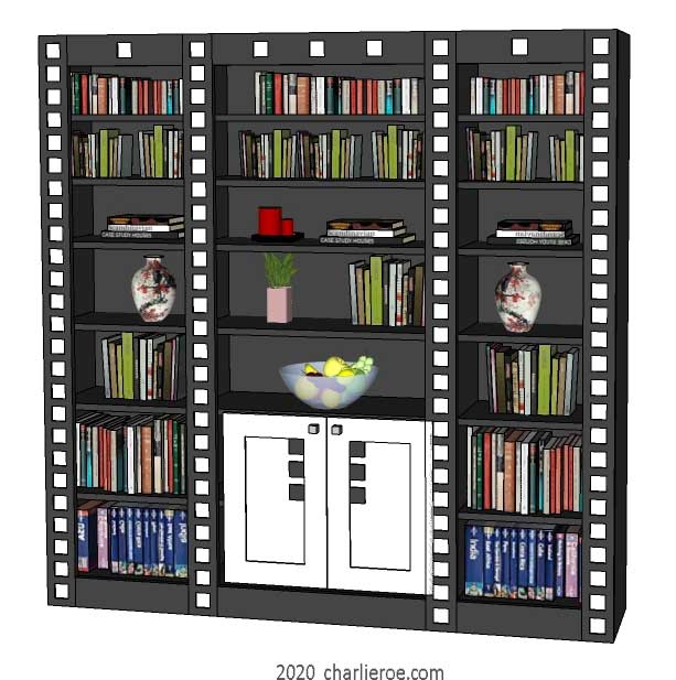 New Charles Rennie CR Mackintosh freestanding 2 door 3 bay bookcase lacquered painted black with white squares on the frames & white doors