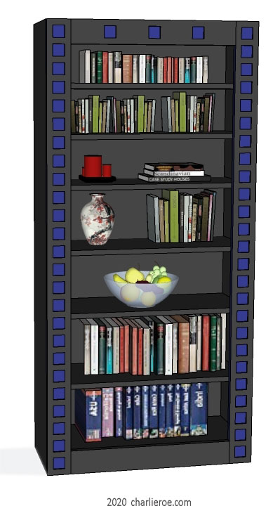 New Charles Rennie CR Mackintosh freestanding 2 door 3 bay bookcase lacquered painted black with blue squares on the frames