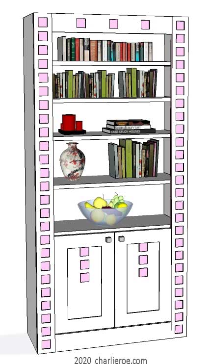 New Charles Rennie CR Mackintosh freestanding 2 door 3 bay bookcase lacquered painted white with pink squares on the frames & doors