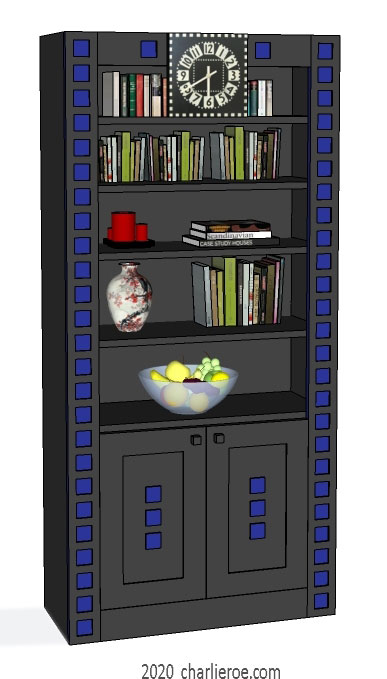 New Charles Rennie CR Mackintosh freestanding 2 door 3 bay bookcase lacquered painted black with darker blue squares on the frames & Glasgow Scool of Art wall clock