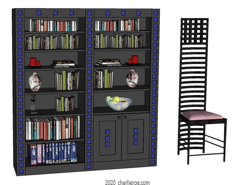 New Charles Rennie CR Mackintosh freestanding 2 door 3 bay bookcase lacquered painted black with darker blue squares on the frames & black Hill house high back chair