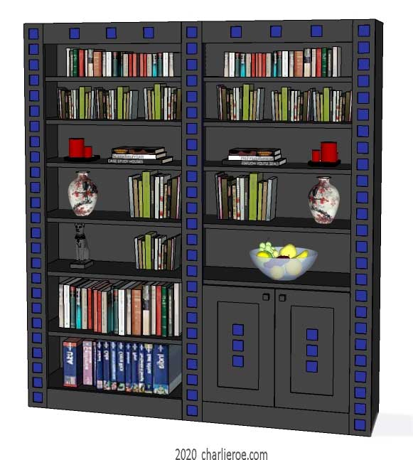 New Charles Rennie CR Mackintosh freestanding 2 door 3 bay bookcase lacquered painted black with darker blue squares on the frames