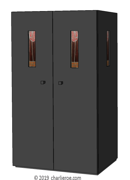 new CR Mackintosh painted black bookcase cupboard with marquetry veneer panels