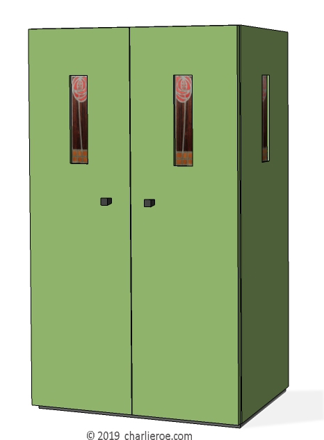 new CR Mackintosh painted green bookcase cupboard with marquetry veneer panels