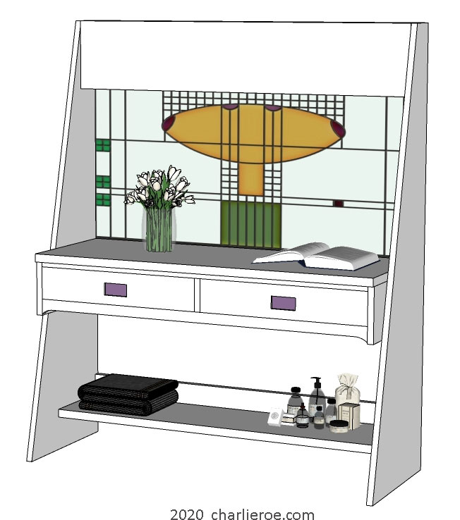 New CR Mackintosh style console hall table, sideboard, bar or desk lacquered painted white finish with Hill House stained glass back panel