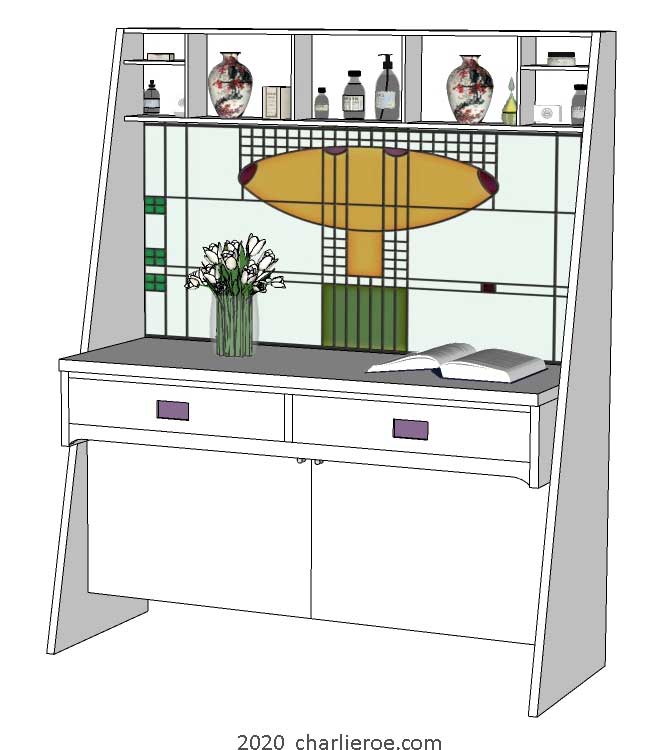 New CR Mackintosh style console hall table, sideboard, bar or desk lacquered painted white finish  with Hill House stained glass back panel