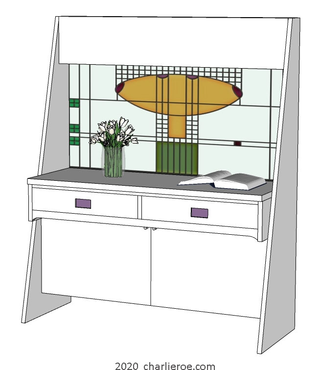New CR Mackintosh style console hall table, sideboard, bar or desk in a lacquered painted white finish  with Hill House stained glass back panel