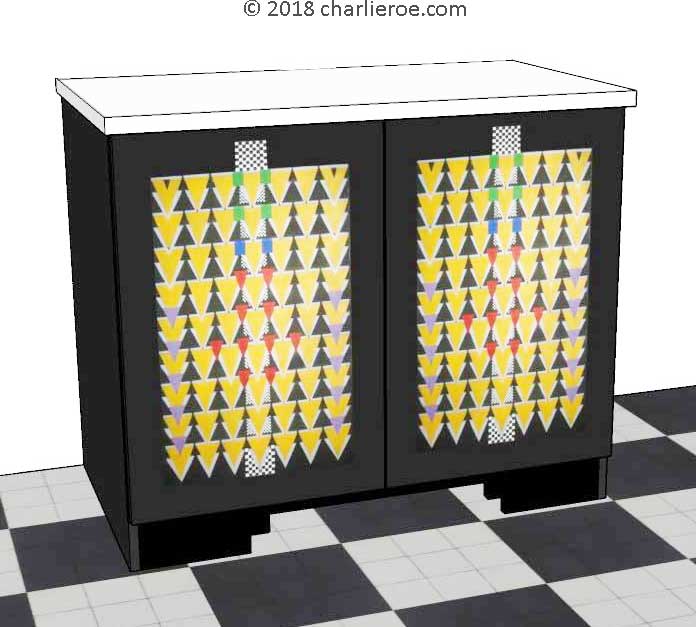 New Charles Rennie CR Mackintosh painted black Derngate style 2 door cupboard sideboard with Cubist designs on the doors