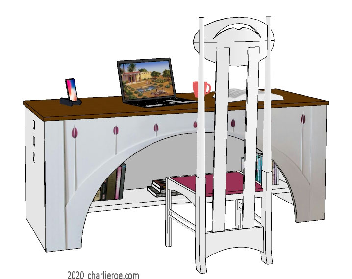 New CR Mackintosh freestanding home office desk, based on the piano from the House for an Art Lover, painted lacquered white with a dark wood worktop and coloured glass inserts and Mackintosh high back chair