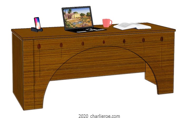 New CR Mackintosh freestanding home office desk, based on the piano from the House for an Art Lover, in a dark wood finish with coloured glass inserts