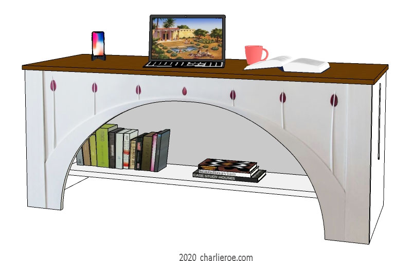 New CR Mackintosh freestanding home office desk, based on the piano from the House for an Art Lover, painted lacquered white with a dark wood worktop and coloured glass inserts