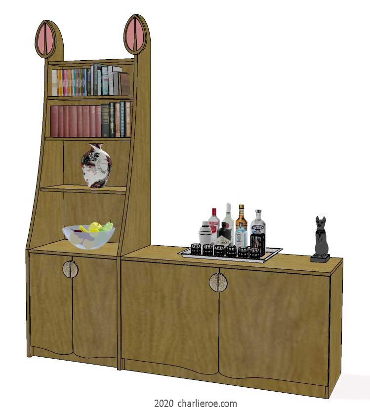 Charles Rennie CR Mackintosh style medium oak 2 door cupboard sideboard drinks cabinet with bookcase display unit