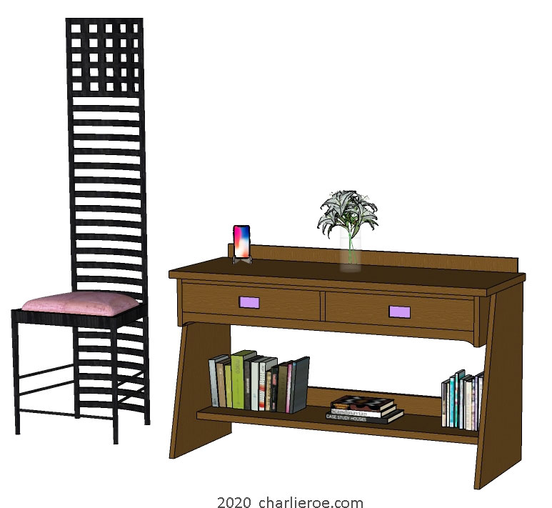 New CR Mackintosh console hall table / sideboard or desk in Oak finish with a black Hill House chair