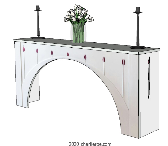 New Charles Rennie CR Mackintosh style white painted sideboard based on the piano from the House for an Art Lover, painted lacquered white with coloured glass inserts