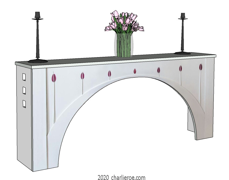 New Charles Rennie CR Mackintosh style white painted sideboard based on the piano from the House for an Art Lover, painted lacquered white with coloured glass inserts