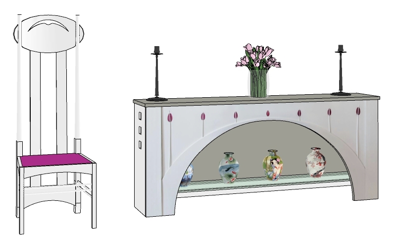 New Charles Rennie CR Mackintosh style white painted sideboard based on the piano from the House for an Art Lover, painted lacquered white with coloured glass inserts, shown with a white painted high back chair