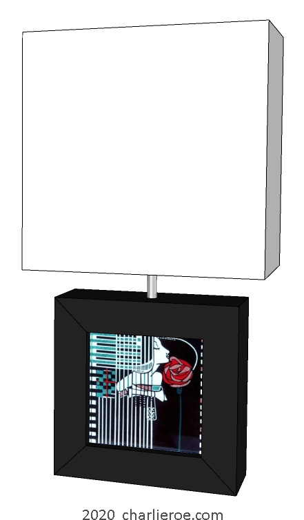 new Charles Rennie CR Mackintosh painted & wooden square table lamps with decorative tile panel