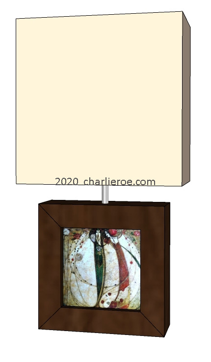 new Charles Rennie CR Mackintosh painted & wooden square table lamps with decorative tile panel