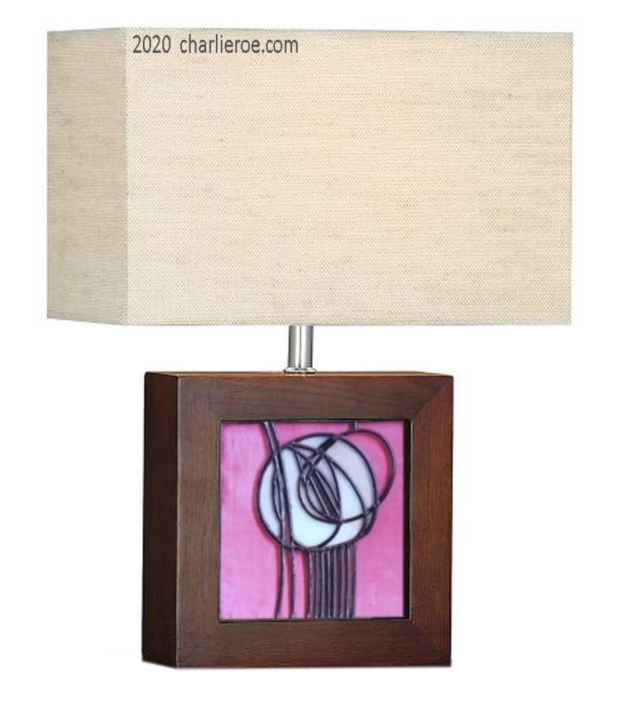 new Charles Rennie CR Mackintosh dark stained wooden square table lamp with stained glass design decorative tile panel
