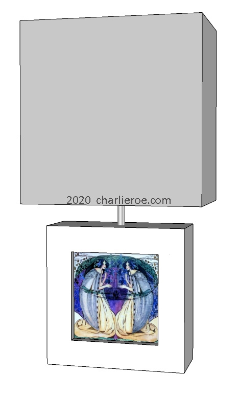 new Charles Rennie CR Mackintosh painted & wooden square table lamps with decorative tile panel