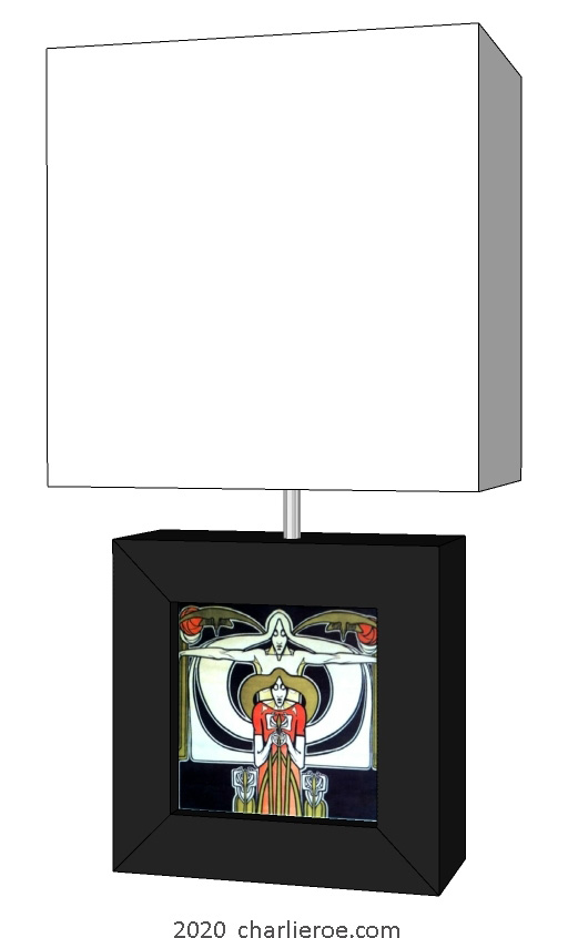 new Charles Rennie CR Mackintosh painted & wooden square table lamps with decorative tile panel
