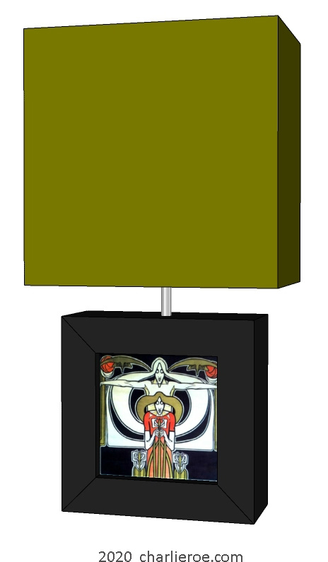 new Charles Rennie CR Mackintosh painted & wooden square table lamps with decorative tile panel