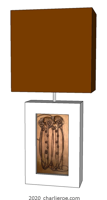 new Charles Rennie CR Mackintosh painted & wooden square table lamps with decorative tile panel