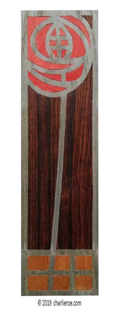 Charles Rennie CR Mackintosh wood veneer marquetry panel with rose and squares design