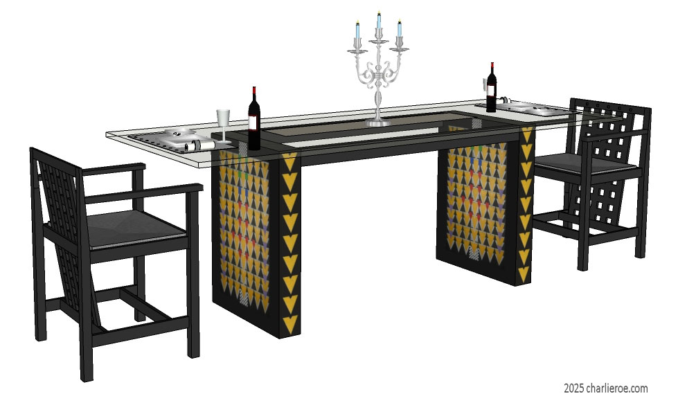 New Charles Rennie CR Mackintosh dining table with Derngate style ornate decorative painted table supports with glass table top