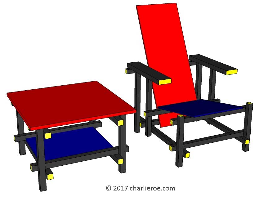 new De Stijl Gerrit Rietveld Red Blue chair & matching coffee table