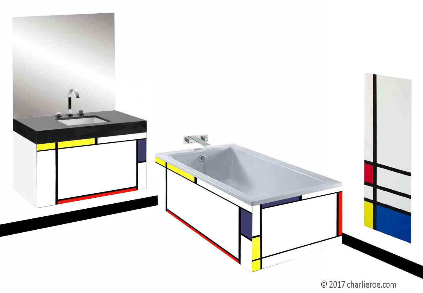 Piet Mondrian De Stijl style painted wall hung vanity unit & mirror wall unit & bath panel & radiator bathroom interior